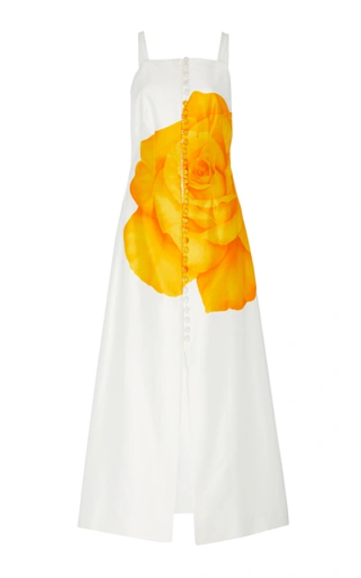 Lela Rose Floral-print Cotton-silk Button-detailed Midi Dress In Yellow