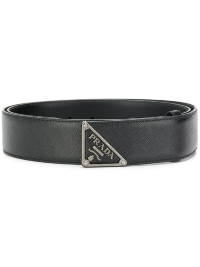Prada Triangle Logo Saffiano Leather Belt In Black