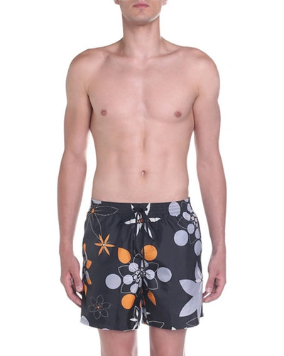 Fendi Men's Kaleidoscope Floral Swim Shorts In Black/orange