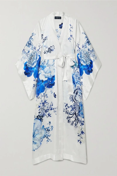 Meng Floral Print Wrap Silk Kimono In Blue