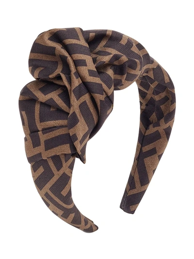 Fendi Ff Logo-printed Silk Hairband In Brown