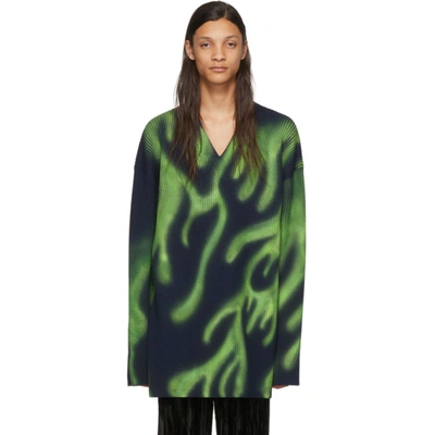 Balenciaga Flame Print Oversize V-neck Wool Blend Sweater In Green