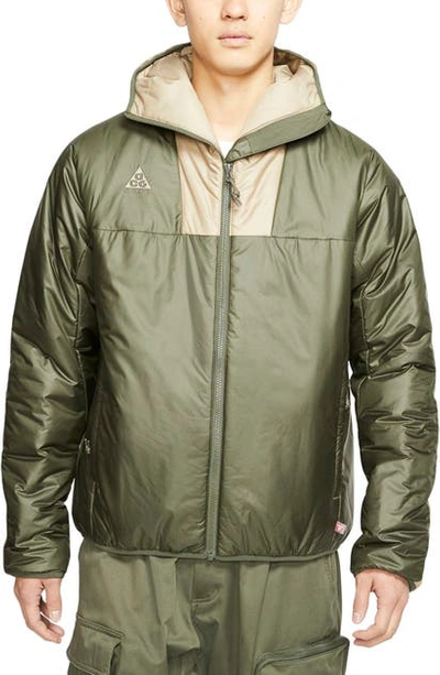 Nike Acg Primaloft Water Resistant Packable Hooded Jacket In Cargo Khaki/ Khaki/ String