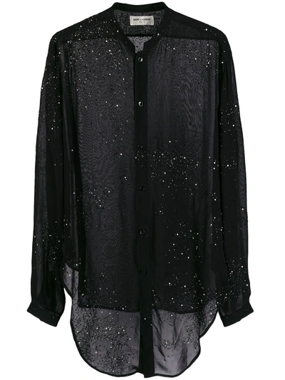 Saint Laurent Crystal-embellished Tie-front Georgette Blouse In Black