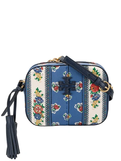 Tory Burch Mcgraw Floral Leather Crossbody Camera Bag In Blue Tea Rose Border