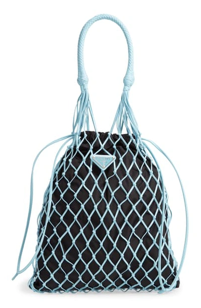 Prada Rete Top Handle Lambskin Drawstring Bag In Cielo Nero