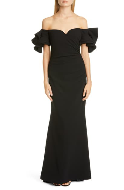 badgley mischka off the shoulder gown