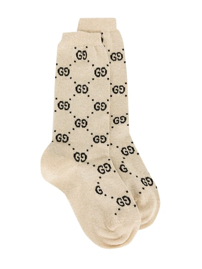 Gucci Kids' Girls Ivory Glitter Gg Logo Socks In Brown