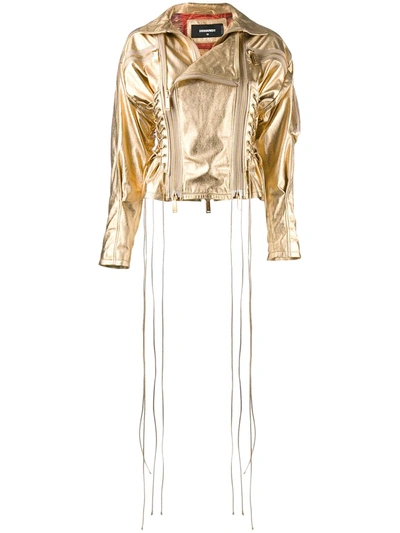 Dsquared2 Lace-up Leather Biker Jacket In Gold