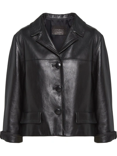 Prada Napa Leather 3/4-sleeve Jacket In Black