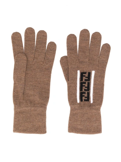 Fendi Logo-jacquard Virgin Wool Gloves In Brown