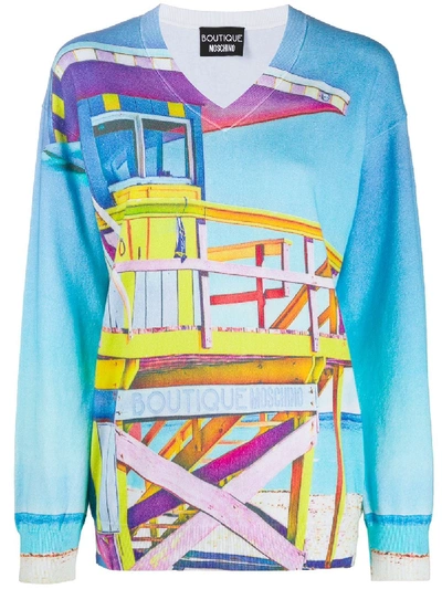 Boutique Moschino Beach Cabin Stretch Cotton Pullover In Blue