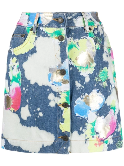 Moschino Painted And Bleached Flowers Denim Miniskirt In Multicoloured
