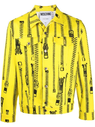 Moschino All Over Zip Gabardine Jacket In Yellow