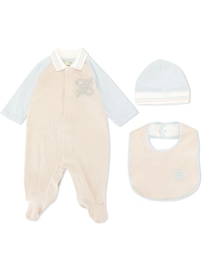 Fendi Karligraphy Babygrow, Bib And Beanie Set In Neutrals