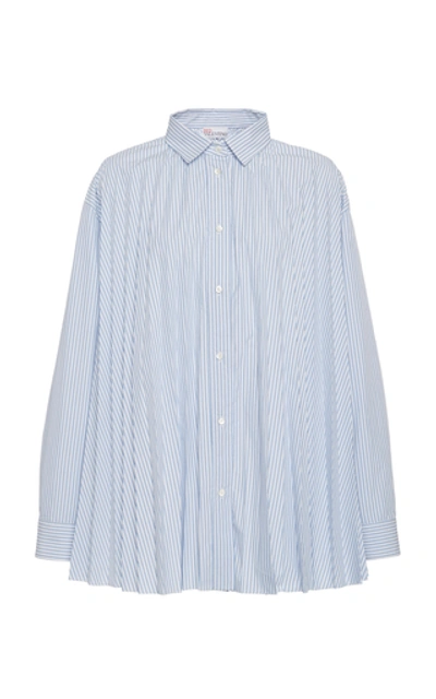 Red Valentino Striped Maxi Poplin Shirt W/ Pleats In Blue