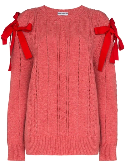Molly Goddard Bow Shoulders Cable Knit Jumper In Pink
