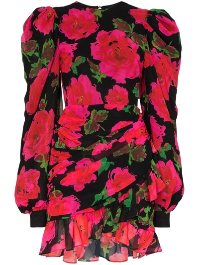 Richard Quinn Rose Print Mini Dress In Black