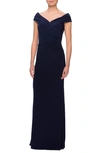 La Femme Ruched Surplice Jersey Gown In Navy