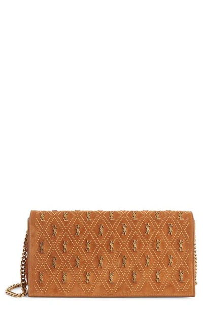 Saint Laurent Kate Monogram Stud Supple Calfskin Suede Shoulder Bag In Cinnamon