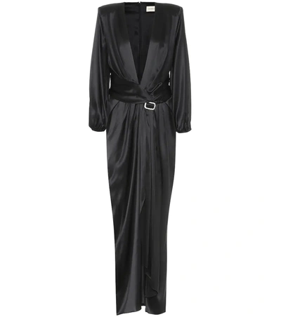 Alexandre Vauthier Deep V-neck Silk-blend Satin Long Dress In Black