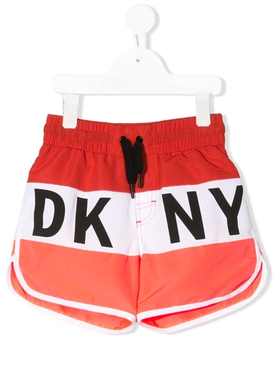 Dkny Kids' Striped Logo Swim Shorts In Red