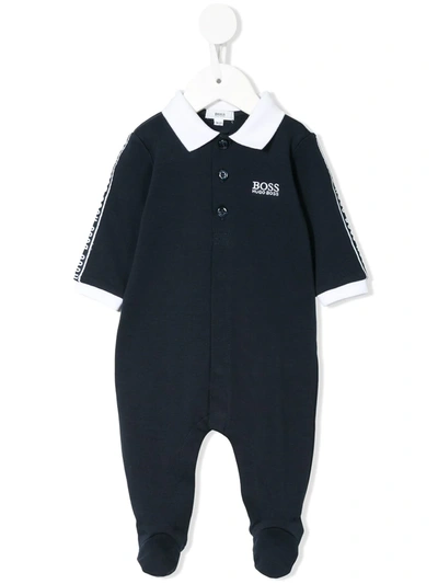 Hugo Boss Logo Embroidered Polo-style Babygrow In Blue