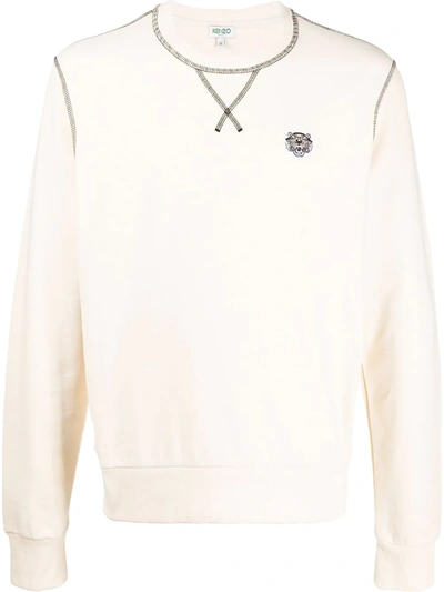 Kenzo Logo-embroidered Contrast-stitch Sweatshirt In Neutrals