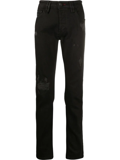 Philipp Plein Distressed Slim-fit Jeans In Black