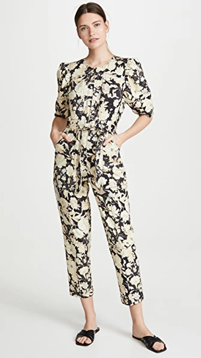 Rebecca Taylor Gold Leaf Puff Sleeve Utility Jumpsuit In Black Combo