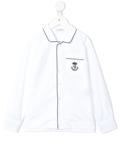 Dolce & Gabbana Kids' Poplin Shirt With Embroidered Logo And Piping In White