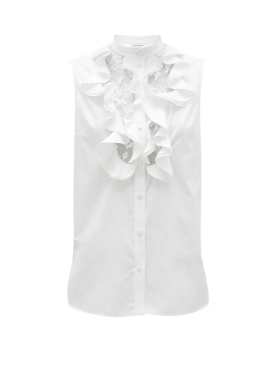 Alexander Mcqueen Crepe Sleeveless Shirt With Ruffle Lace Inset In White