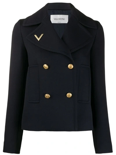 Valentino Double Breasted Wool Pea Coat In Blue