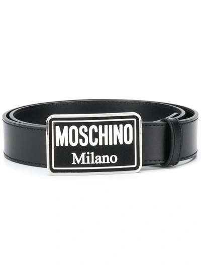 Moschino Calfskin Belt With Logo Buckle In Black