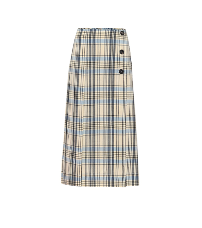 Victoria Beckham Pleated Checked Wool Midi Skirt In Sky Blue/yellow
