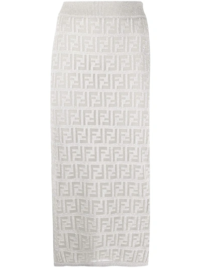 Fendi Ff-motif Lame' Stretch Knit Midi Skirt In Silver