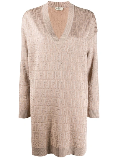 Fendi Ff-motif Cotton And Viscose Sweater-dress In Neutrals