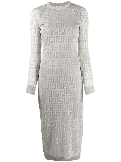 Fendi Ff Metallic Logo Knit Midi Dress In Grey