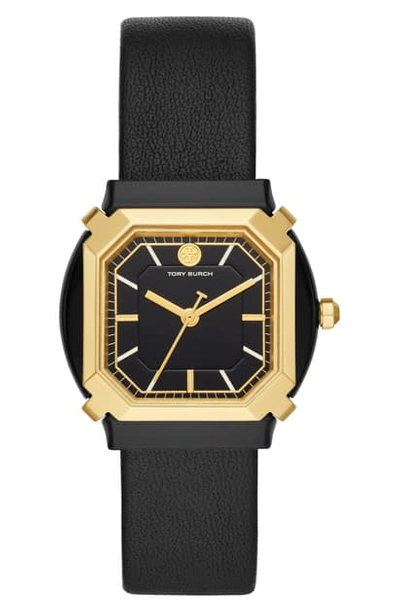 Tory Burch The Blake Leather Strap Watch, 34mm In Black
