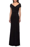 La Femme Short-sleeve Ruched Jersey Gown Dress In Black