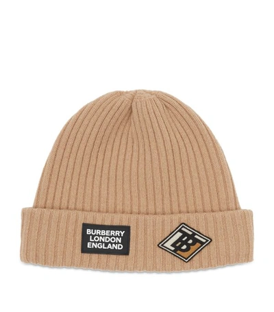 Burberry Logo Patch Beanie Hat In Beige In Brown