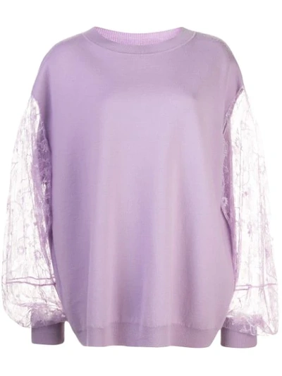 Adam Lippes Lace Sleeve Merino Wool Blend Sweater In Lavender