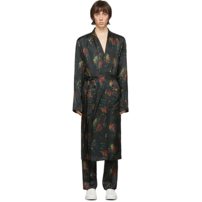 Dries Van Noten Multicolor Satin Floral Dressing Gown In Black