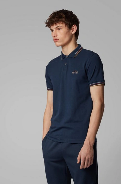 Hugo Boss - Slim Fit Polo Shirt In Stretch Piqué With Curved Logo - Dark Blue