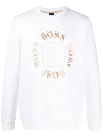 Hugo Boss Layered Metallic Logo Print Sweatshirt In White