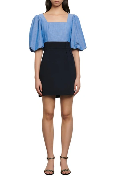 Sandro May Chambray-paneled Crepe Mini Dress In Blue