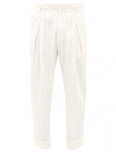 Ann Demeulemeester Pinstriped Slim-fit Straight Cotton And Linen-blend Trousers In Ecru+black