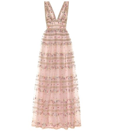 Costarellos Floral-embroidered Tulle Maxi Dress In Pink