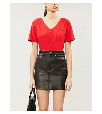 Claudie Pierlot Paris-embroidered Cotton-blend Jersey T-shirt In Rouge