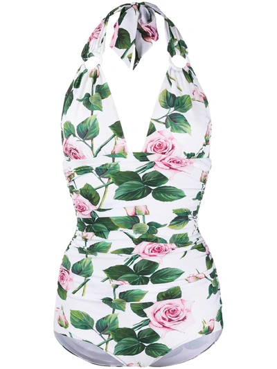 Dolce & Gabbana One-piece Swimsuit With Plunging Neckline And Tropical Rose Print In Floral Print